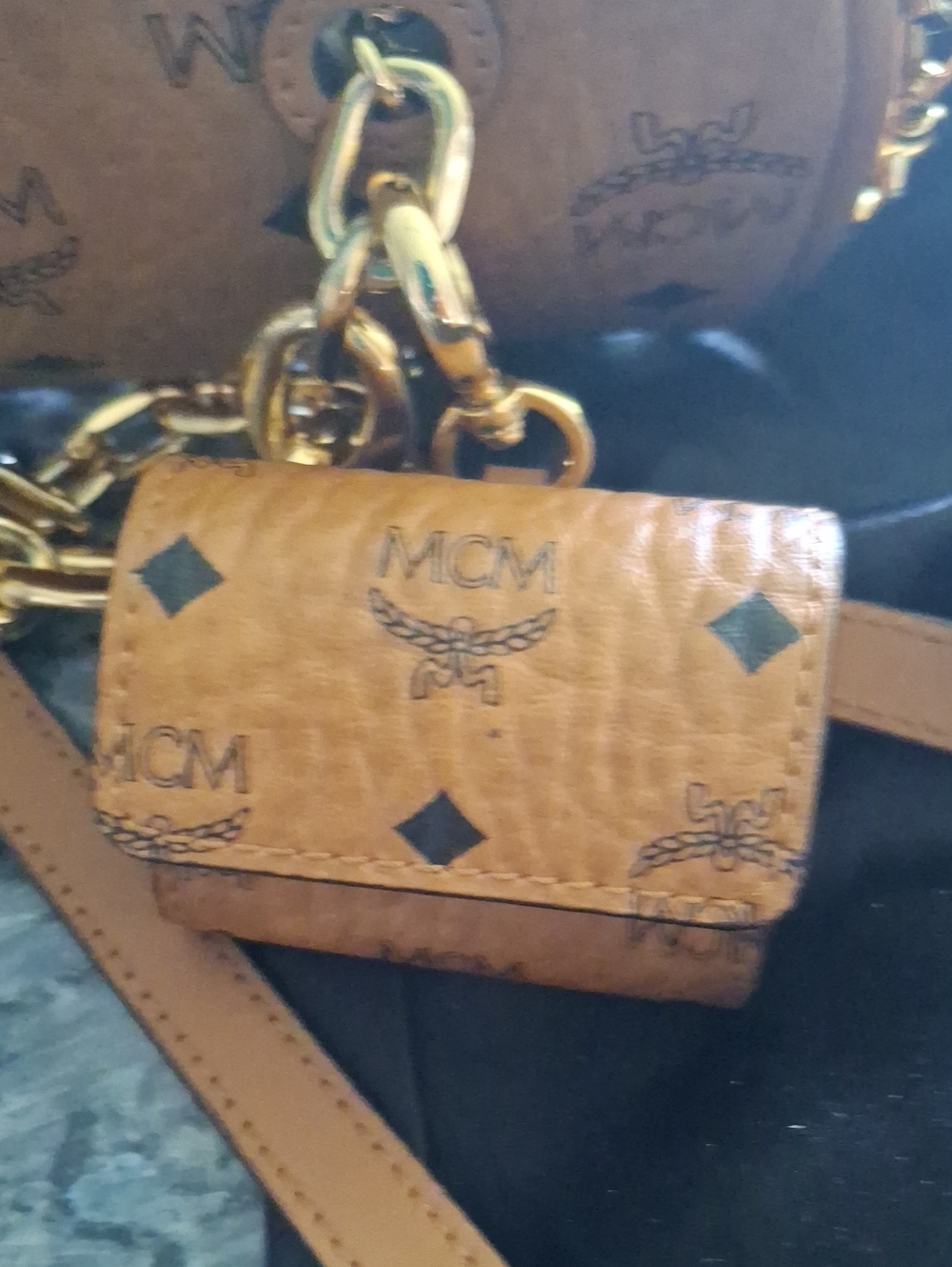 MCM Cognac Visetos Leather Chain Shoulder Bag, Small Coin Purse Attached - Picture 9 of 10
